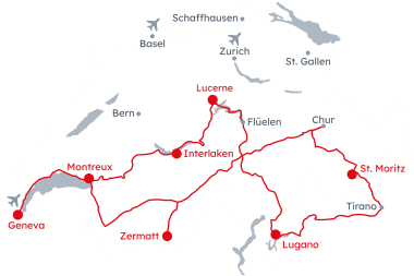 Map of Switzerland Grand Train Tour of Switzerland itinerary – Classic West