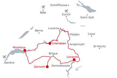 Carte de la Suisse avec l'itinéraire du Grand Train Tour of Switzerland – Rivieras alpines d'Interlaken à Lucerne