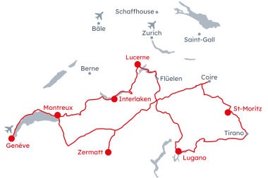 Carte de la Suisse Itinéraire Grand Train Tour of Switzerland – Classique Ouest