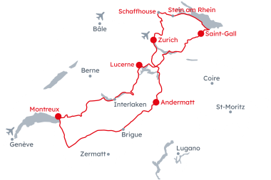 Carte de la Suisse Itinéraire Grand Train Tour of Switzerland – Est Ouest