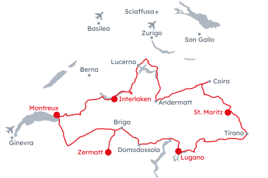Mappa della Svizzera Itinerario Grand Train Tour of Switzerland – Laghi e Vette