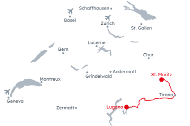 Map of Switzerland with the itinerary Bernina Express Classic from St. Moritz to Lugano