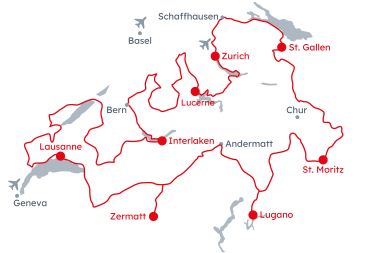 Map of Switzerland with the route of the E-Grand Tour of Switzerland from Zurich to Lucerne