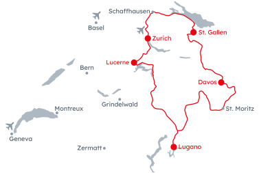 Map of Switzerland with the Grand Tour of Switzerland – Eastern route from Zurich to Lucerne