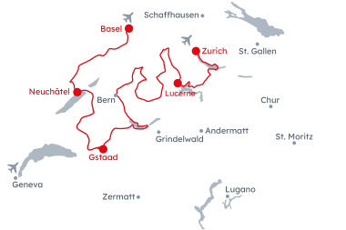 Map of Switzerland with the itinerary Grand Tour of Switzerland – Northern Route from Basel to Zurich