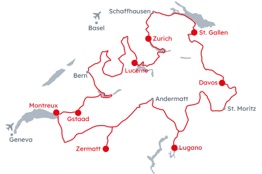 Map of Switzerland with the itinerary Grand Tour of Switzerland  – Original from Zurich to Lucerne