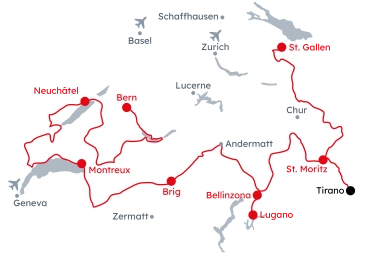 Map of Switzerland with the itinerary Grand Tour of Switzerland - UNESCO from St. Gallen to Bern