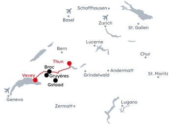 Map of Switzerland with the route of the Grand Tour of Switzerland - Wellness from Montreux to Thun
