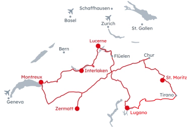Map of Switzerland with the itinerary of the Grand Train Tour of Switzerland - Classic from Lucerne