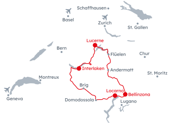 Map of Switzerland with the itinerary Grand Train Tour of Switzerland - Hidden Treasures from Lucerne to Locarno