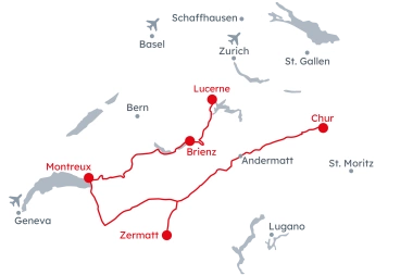Map of Switzerland with the itinerary Grand Train Tour of Switzerland - Historic Tour from Chur to Lucerne