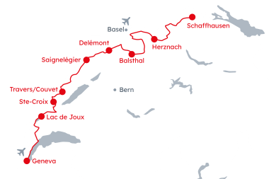 Map showing a section of Switzerland with the itinerary for Cycling La Route Verte from Schaffhausen to Geneva