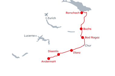 Map of Eastern Switzerland with the itinerary Cycling holidays Rhine route from Andermatt to Rorschach