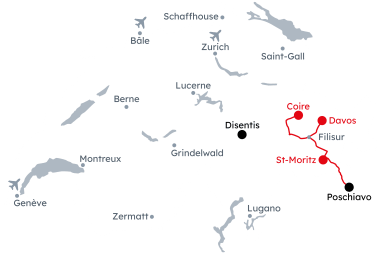 Carte de la Suisse avec l'itinéraire de l'Alpine Cruise de Coire à Davos