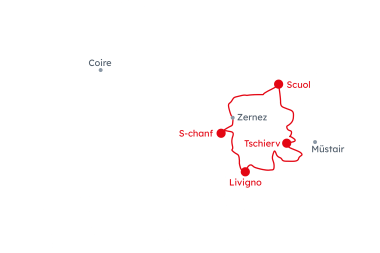Carte des Grisons avec l'itinéraire Vacances à VTT circuit du Parc National Suisse