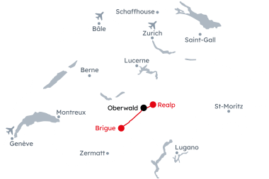 Carte de la Suisse avec l'itinéraire Train à vapeur de la Furka – Voyage nostalgique Oberwald – Realp
