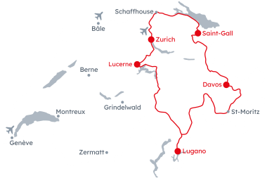 Carte de la Suisse avec l'itinéraire Grand Tour of Switzerland – Route Est de Zurich à Lucerne
