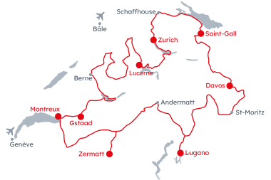 Carte de la Suisse avec l'itinéraire Grand Tour of Switzerland - Original de Zurich à Lucerne
