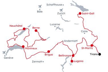 Carte de la Suisse avec l'itinéraire Grand Tour of Switzerland – UNESCO de Saint-Gall à Berne