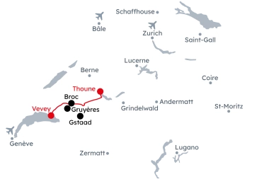 Carte de la Suisse avec l'itinéraire du Grand Tour de Suisse - Wellness de Montreux à Thoune