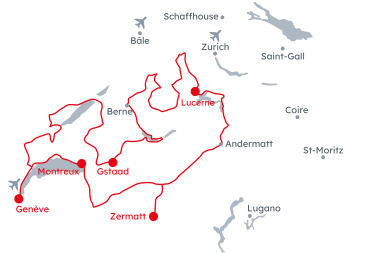 Carte de la Suisse avec l'itinéraire du Grand Tour de Suisse – Route Ouest de Genève à Montreux