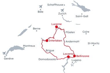 Carte de la Suisse avec l'itinéraire du Grand Train Tour of Switzerland - Trésors cachés de Lucerne à Locarno