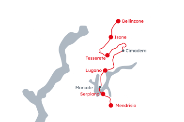 Carte du Tessin avec l'itinéraire Les incontournables du Tessin de Bellinzona à Mendrisio