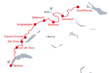 Carte avec extrait de la Suisse avec l'itinéraire de La Route Verte de Schaffhouse à Genève