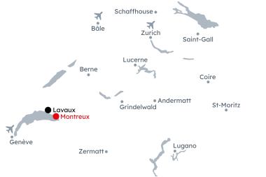 Carte de la Suisse avec l'itinéraire Montreux – Vignobles et panoramas sur la Riviera