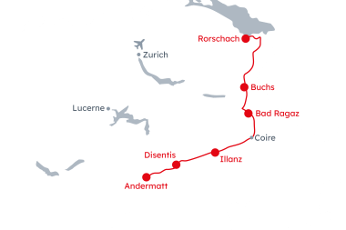 Carte de la Suisse orientale avec l'itinéraire Vacances à vélo Route du Rhin de Andermatt à Rorschach
