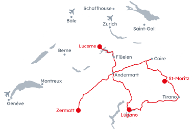 Carte de la Suisse avec l'itinéraire Aventure ferroviaire panoramique de Zermatt à Lucerne
