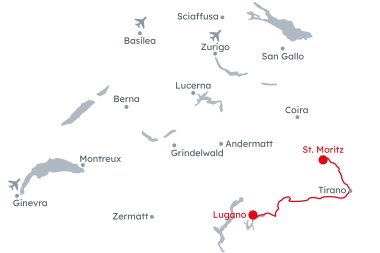 Mappa della Svizzera con il percorso del Bernina Express classico da St. Moritz a Lugano