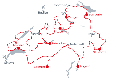 Mappa della Svizzera con l'itinerario E-Grand Tour della Svizzera da Zurigo a Lucerna