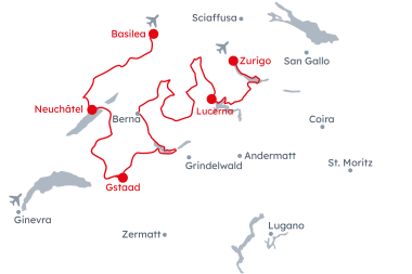 Mappa della Svizzera con l'itinerario Grand Tour of Switzerland – Percorso Nord da Basilea a Zurigo