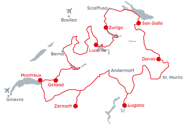 Mappa della Svizzera con l'itinerario Grand Tour of Switzerland - Original da Zurigo a Lucerna