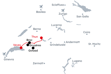 Mappa svizzera con il percorso del Grand Tour of Switzerland – Wellness da Montreux a Thun