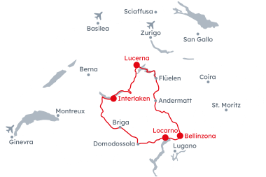 Mappa della Svizzera con il percorso del Grand Train Tour of Switzerland - Tesori nascosti da Lucerna a Locarno