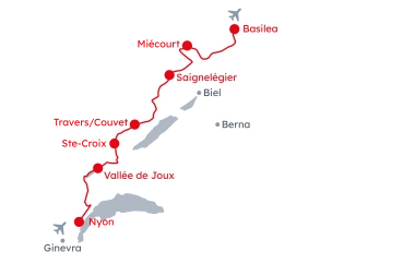Mappa della Svizzera occidentale con il Vacanze in bicicletta Percorso del Jura da Basilea a Nyon