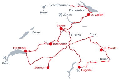 Karte der Schweiz mit der Reiseroute der Grand Train Tour of Switzerland – Original von Luzern nach Schaffhausen