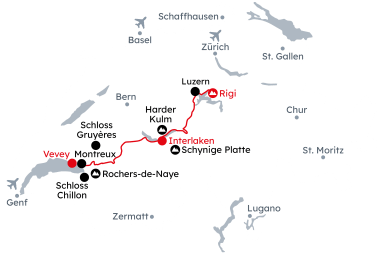 Karte der Schweiz mit der Reiseroute Schweizer Bergbahnen und Goldenpass Express von Vevey nach Rigi