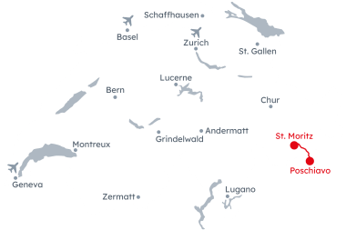 Map of Switzerland with the Bernina Express travel route from Poschiavo to St. Moritz
