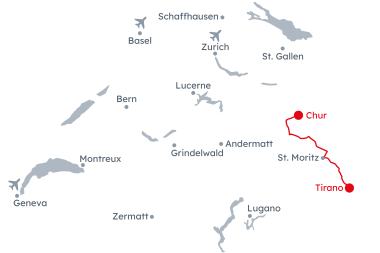 Map of Switzerland with the Bernina Express route from Tirano to Chur