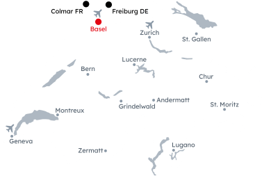 Map of Switzerland with the itinerary European Christmas Markets from Basel
