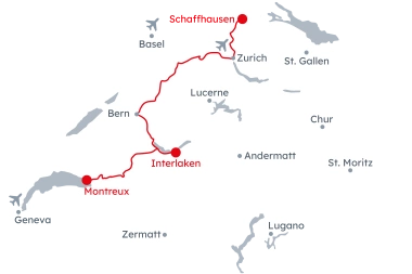 Map of Switzerland with the Fascinating Water Worlds itinerary from Schaffhausen to Montreux