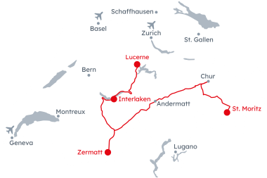 Map of Switzerland with the itinerary Grand Train Tour of Switzerland – Winter Magic Tour from Lucerne to St. Moritz