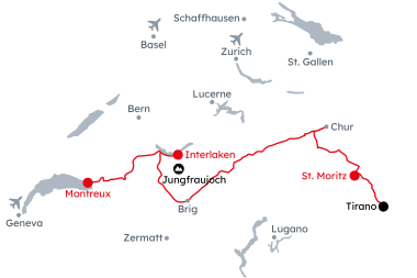 Map of Switzerland showing the route of the panoramic journey from Montreux to St. Moritz