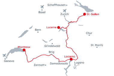 Map of Switzerland with the Voralpen-Express and Centovalli-Railway from St. Gallen to Montreux
