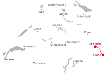 Carte de la Suisse avec l'itinéraire du Bernina Express de Tirano à St-Moritz