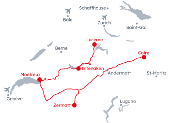 Carte de la Suisse avec l'itinéraire du Grand Train Tour of Switzerland – Le Best-of de Lucerne à Coire