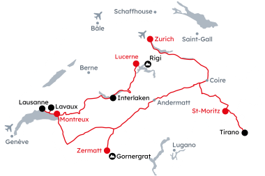 Carte de la Suisse avec l'itinéraire du Grand Train Tour of Switzerland - Voyage découverte de Zurich à Lucerne